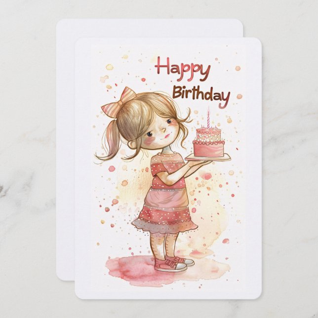 Tarjeta Festiva Feliz cumpleaños Chica con pastel (Anverso / Reverso)