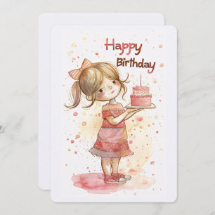 Tarjeta Festiva Feliz cumpleaños Chica con pastel