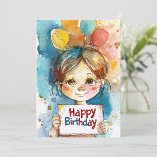 Tarjeta Festiva Feliz cumpleaños, Chica lindo con globos