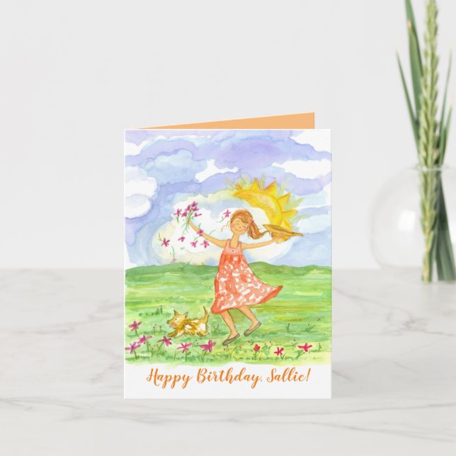 Tarjeta Festiva Feliz cumpleaños Chica Mascota Flores de perro nom (Anverso)