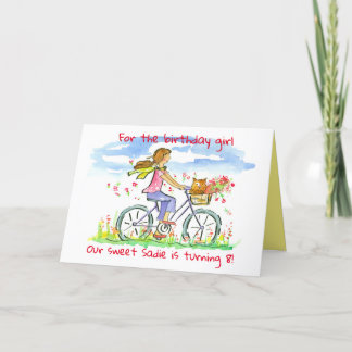 Tarjeta Festiva Feliz cumpleaños Chica montando bicicleta Perro no