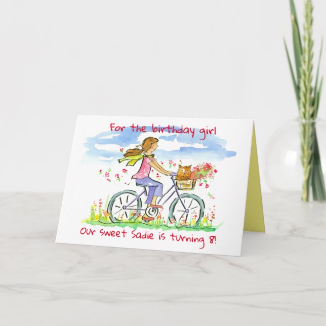 Tarjeta Festiva Feliz cumpleaños Chica montando bicicleta Perro no (Anverso)
