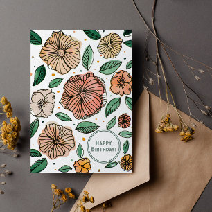 Tarjeta Festiva Feliz cumpleaños, color de agua vintage y flores d