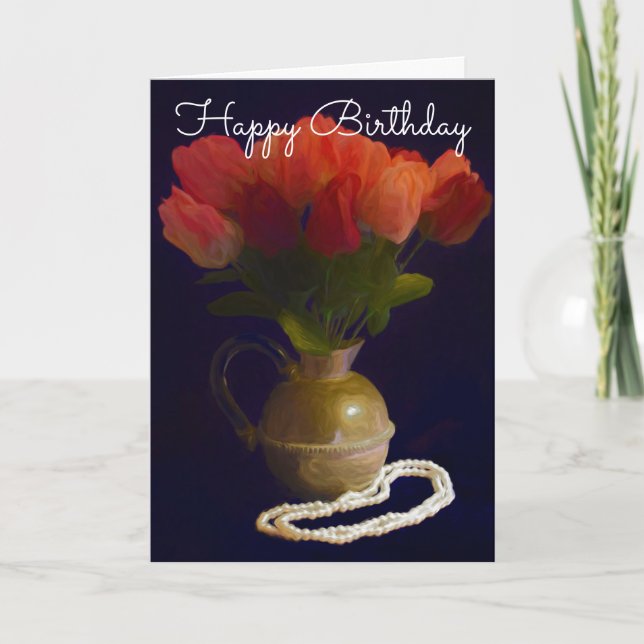 Tarjeta Festiva Feliz cumpleaños con tulipanes rojos (Anverso)