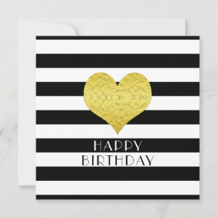 Tarjeta Festiva Feliz Cumpleaños Corazón Dorado Rayas Negras y Bla