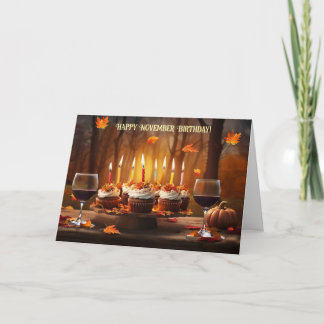Tarjeta Festiva Feliz cumpleaños de noviembre con cupcakes de vino