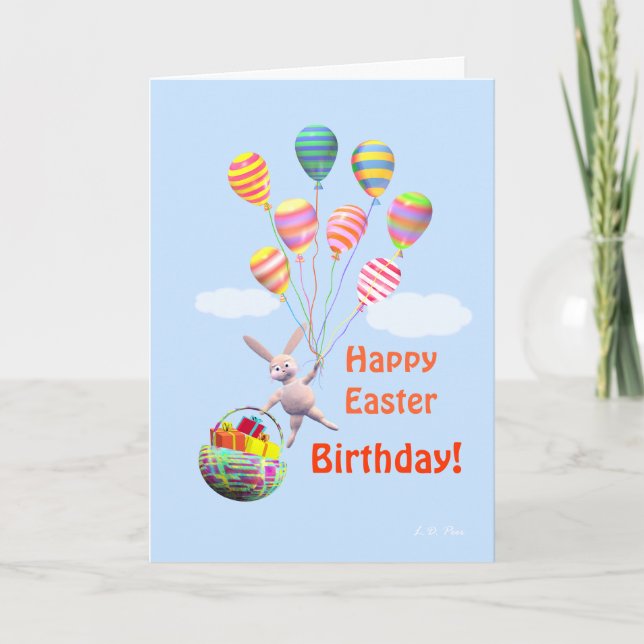 Tarjeta Festiva Feliz cumpleaños de Pascua Bunny y Globos (Anverso)