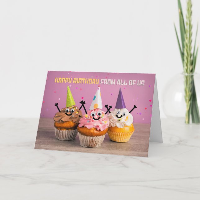 Tarjeta Festiva Feliz cumpleaños de todos nosotros una tarta dulce (Anverso)