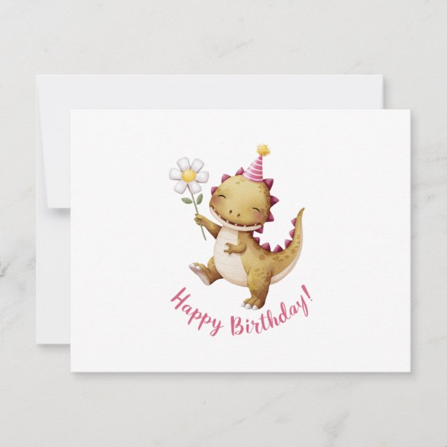 Tarjeta Festiva Feliz cumpleaños Dino con Fiesta Gorra y Daisy (Anverso)