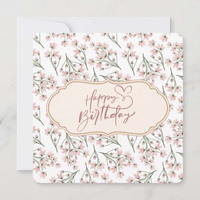 Tarjeta Festiva Feliz cumpleaños elegante con flores rosadas (Anverso)