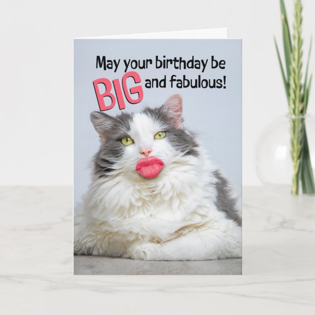 Tarjeta Festiva Feliz cumpleaños, fabuloso gato con grandes labios (Anverso)