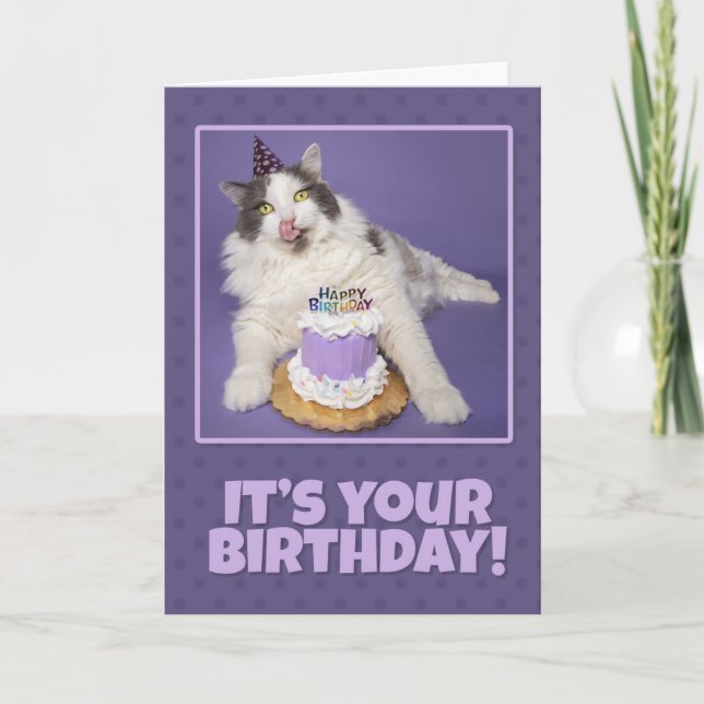 Tarjeta Festiva Feliz Cumpleaños Gato Graso Licando Cara Con Paste (Anverso)