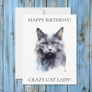 Tarjeta Festiva Feliz cumpleaños, gato loco Lady Gray Cat