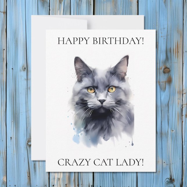 Tarjeta Festiva Feliz cumpleaños, gato loco Lady Gray Cat (Subido por el creador)
