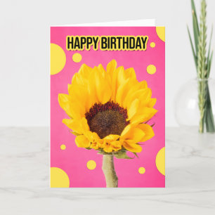 Tarjeta Festiva Feliz cumpleaños girasol en rosa con puntos de pol