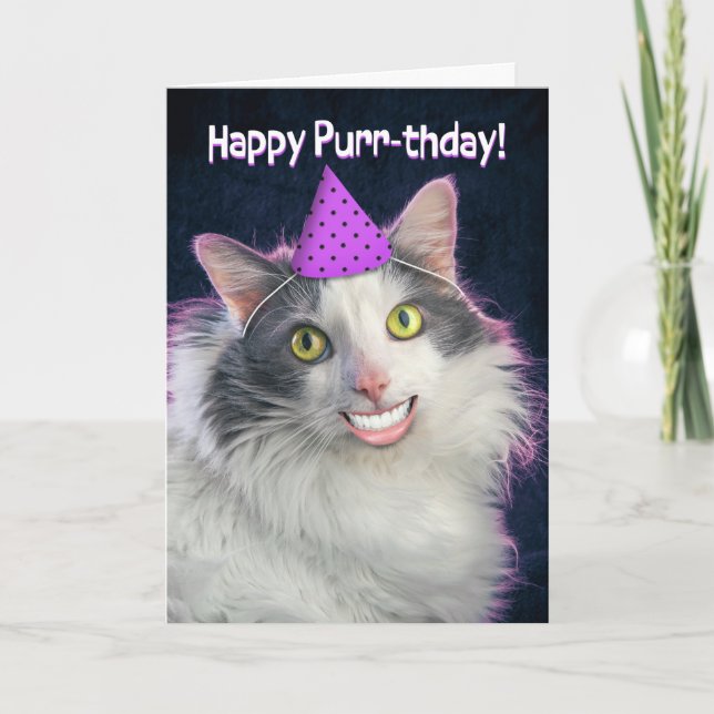 Tarjeta Festiva Feliz cumpleaños gracioso gato con sonrisa humana (Anverso)