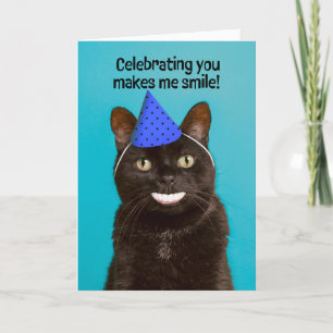 Tarjeta Festiva Feliz cumpleaños gracioso gato con sonrisa humana