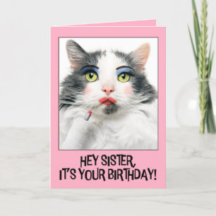 Tarjeta Festiva Feliz cumpleaños, hermana Funny Cat en maquillaje