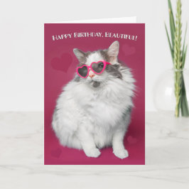 Tarjeta Festiva Feliz cumpleaños, hermoso gato lindo con gafas de 