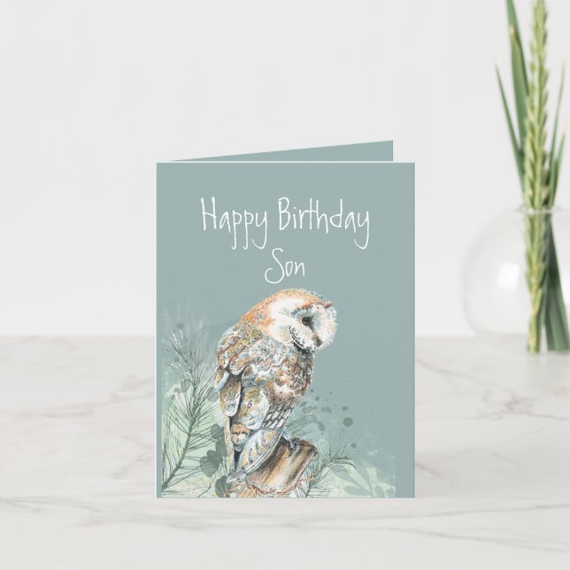 Tarjeta Festiva Feliz cumpleaños, hijo búho (Anverso)
