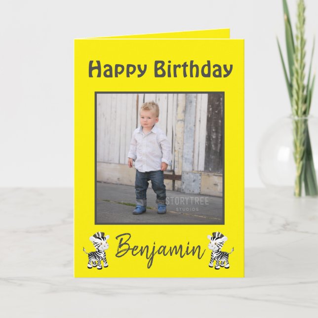 Tarjeta Festiva Feliz cumpleaños hijo Zebra Safari Amarillo (Anverso)