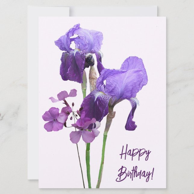 Tarjeta Festiva Feliz cumpleaños iris morado flores boho moda (Anverso)