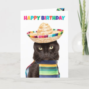 Tarjeta Festiva Feliz cumpleaños lindo gato negro en Sombrerro