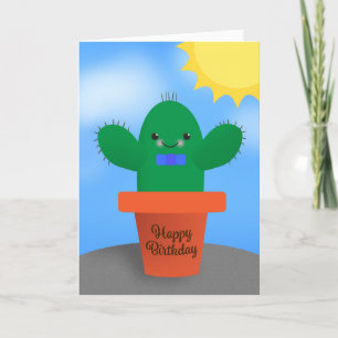 Tarjeta Festiva Feliz cumpleaños, lindo niño cactus en la ilustrac