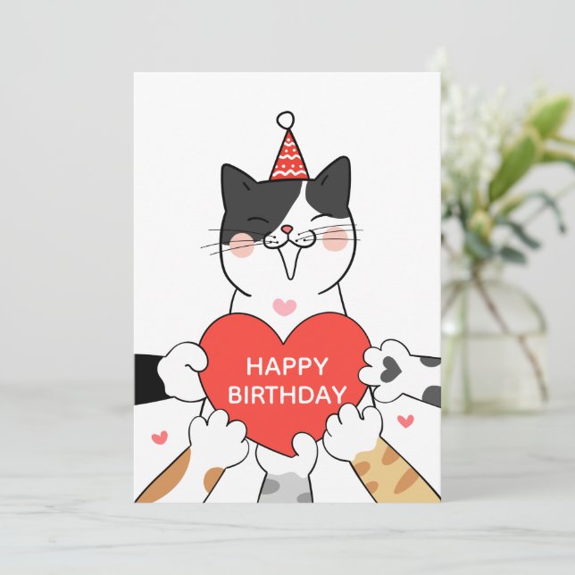 Tarjeta Festiva Feliz cumpleaños, lindos gatos (Anverso de pie)
