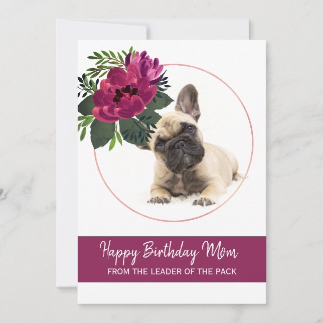 Tarjeta Festiva Feliz cumpleaños, mamá, Bulldog francés, saludo de (Anverso)