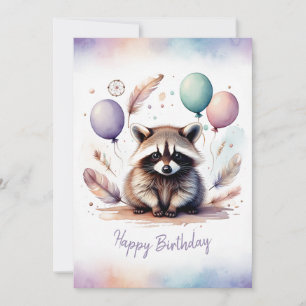 Tarjeta Festiva Feliz Cumpleaños Mapache Acuarela Adorable