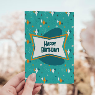 Tarjeta Festiva Feliz Cumpleaños, MCM Atomic Starburst Azul Turque