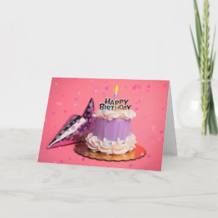 Tarjeta Festiva Feliz cumpleaños morado y pastel rosa con velas