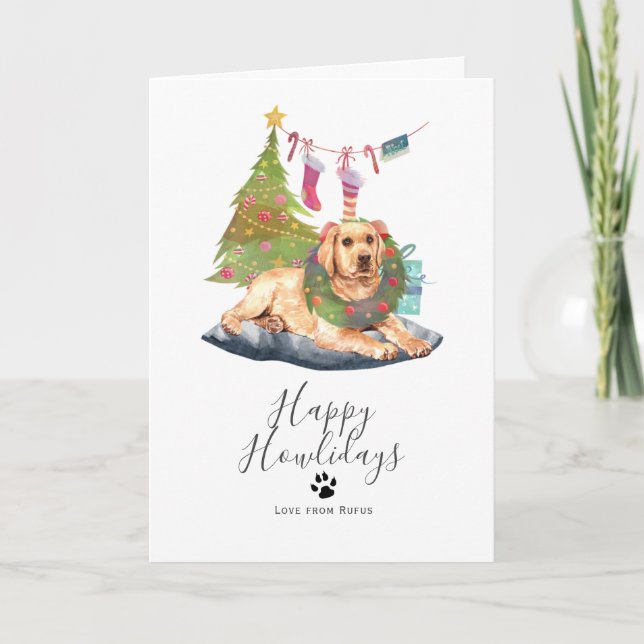 Tarjeta Festiva Feliz cumpleaños, Navidades de perros amarillos de (Anverso)