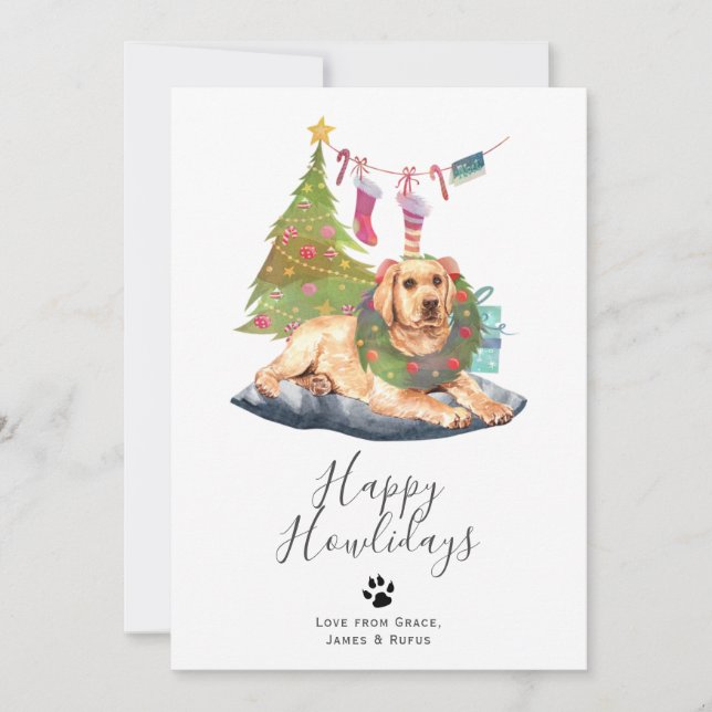 Tarjeta Festiva Feliz cumpleaños, Navidades de perros amarillos de (Anverso)