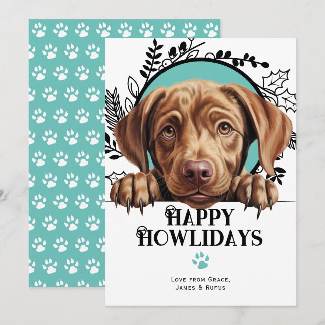 Tarjeta Festiva Feliz cumpleaños, Navidades de perros de chocolate (Anverso / Reverso)