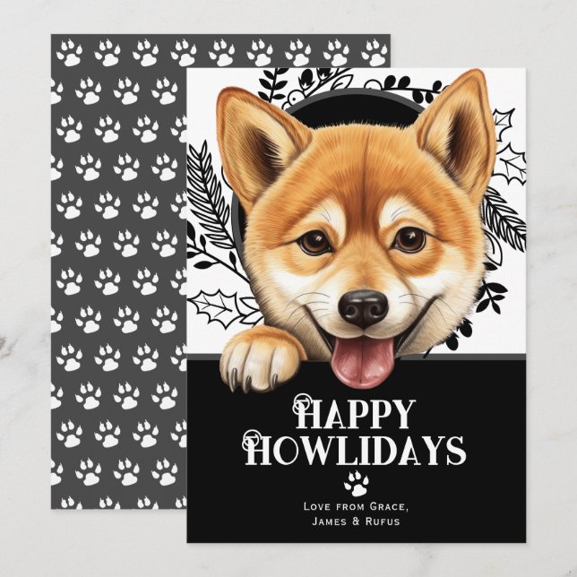 Tarjeta Festiva Feliz cumpleaños, Navidades de Perros de Shiba Inu (Anverso / Reverso)
