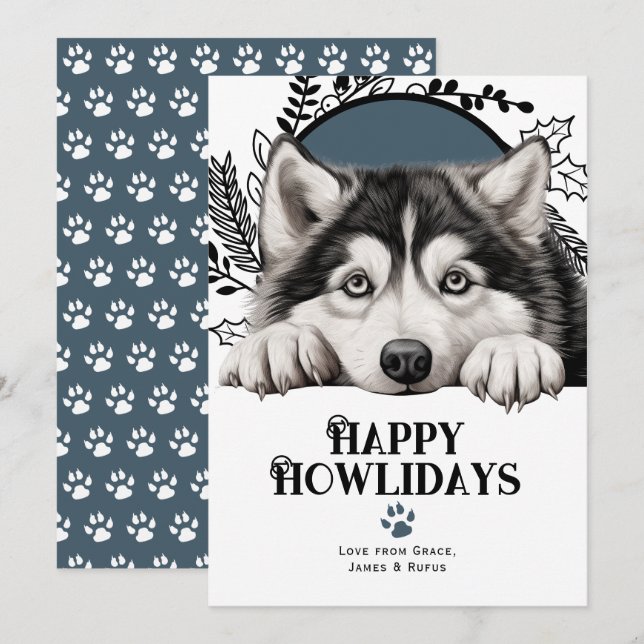 Tarjeta Festiva Feliz cumpleaños Navidades de perros Malamute en A (Anverso / Reverso)