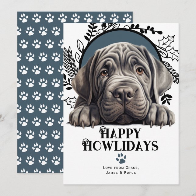 Tarjeta Festiva Feliz cumpleaños, Navidades de perros Napolitanos  (Anverso / Reverso)