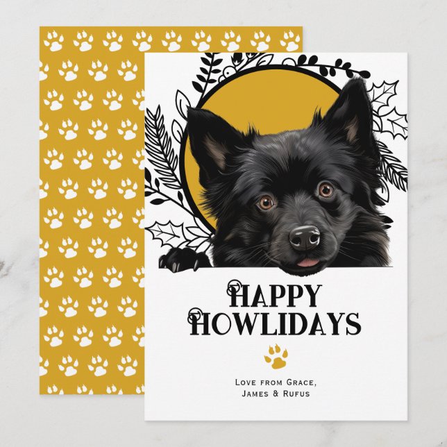 Tarjeta Festiva Feliz cumpleaños, Navidades de perros Schipperke (Anverso / Reverso)