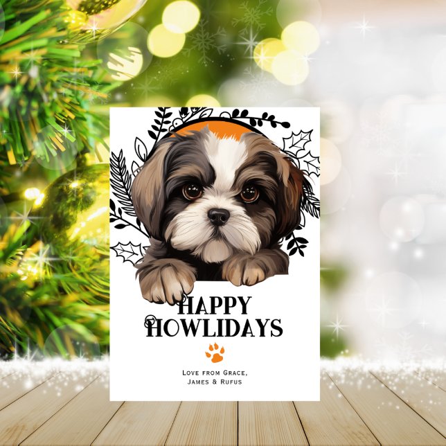 Tarjeta Festiva Feliz cumpleaños, Navidades de perros Shih Tzu (Happy Howlidays Shih Tzu Dog Christmas Holiday Card by Ricaso. Cute dog breed holiday cards)