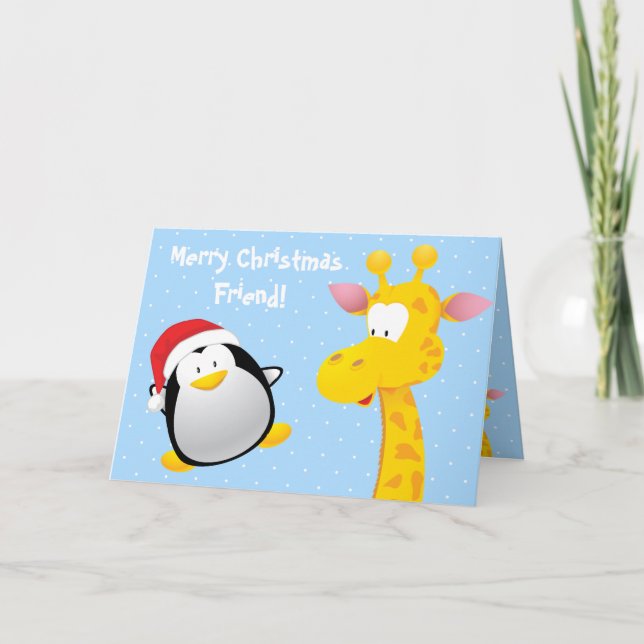 Tarjeta Festiva Feliz cumpleaños navideño Cute Penguin y Giraffe (Anverso)