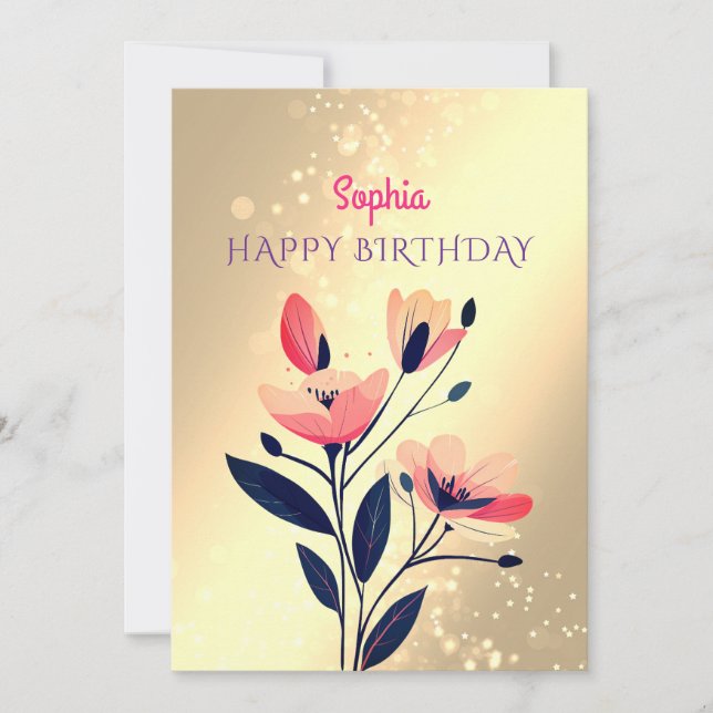 Tarjeta Festiva Feliz cumpleaños, nombre, mensaje, flores de oro (Anverso)