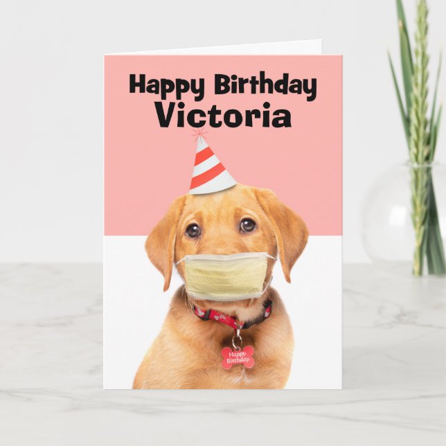 Tarjeta Festiva Feliz cumpleaños, nombre personalizado, cachorro e (Anverso)
