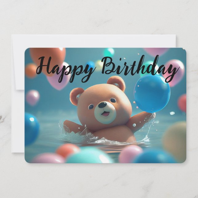 Tarjeta Festiva Feliz cumpleaños, osito de peluche y globos (Anverso)
