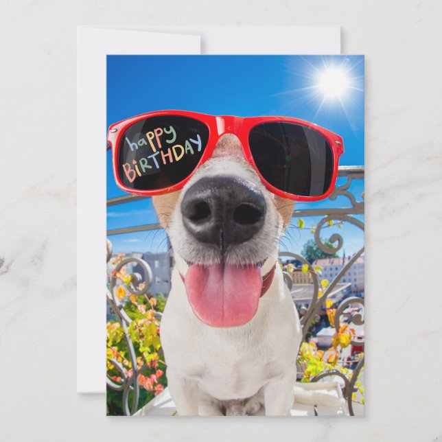 Tarjeta Festiva Feliz cumpleaños, perro Dawg con gafas de sol (Anverso)