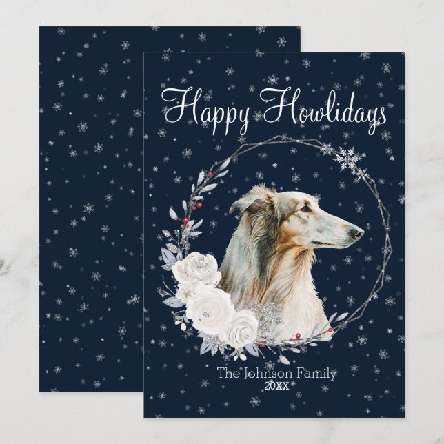 Tarjeta Festiva Feliz cumpleaños, perro de Borzoi (Anverso / Reverso)