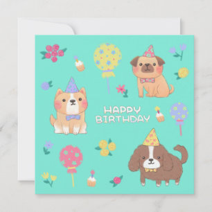 Tarjeta Festiva Feliz cumpleaños: perros, globos y flores