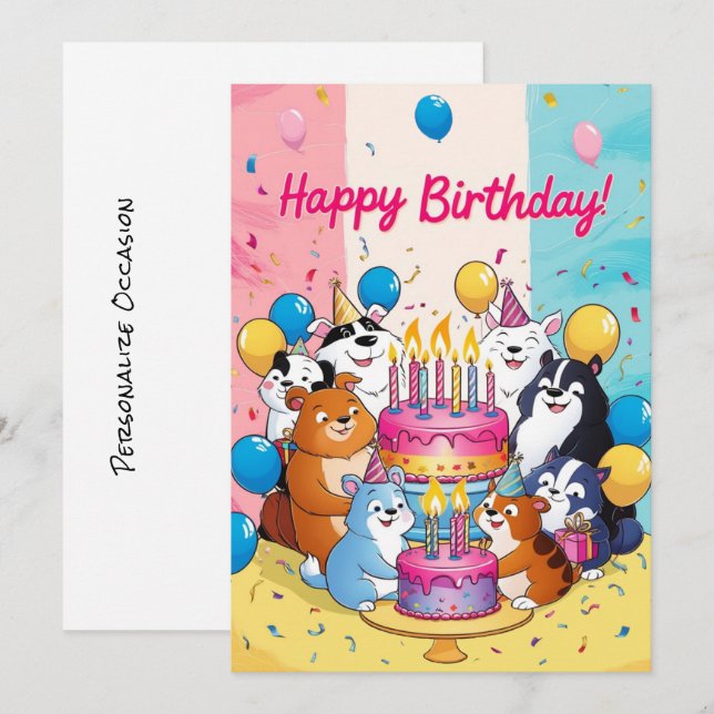 Tarjeta Festiva Feliz cumpleaños Personalizado lindo animales past (Anverso / Reverso)