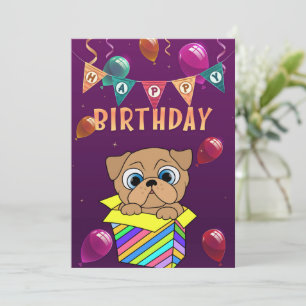 Tarjeta Festiva Feliz cumpleaños Pug en una caja